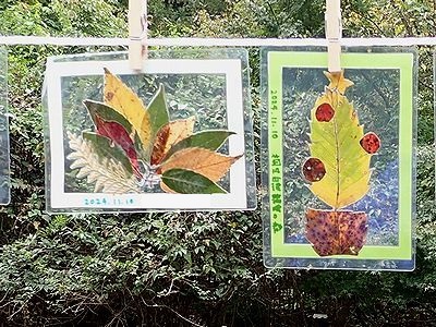 写真:葉っぱで花束やツリーの形にした作品