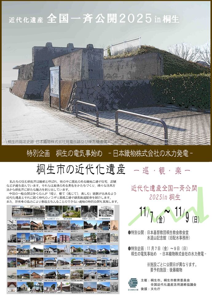   （ポスタータイトル）近代化遺産　全国一斉公開2025in桐生、（企画タイトル）特別企画　桐生の電気事始め　―日本織物株式会社の水力発電―（にほんおりものかぶしきかいしゃのすいりょくはつでん）、ポスター下段企画内容：タイトル「桐生市の近代化遺産　-巡・観・楽-（めぐる・みる・たのしむ）、（左下解説文）私たちの住む桐生市は織都と呼ばれ、街の中に歴史のある織物工場や住宅、店舗などが建ち並んでいます。それらは風情のある景色をかたちづくり、様々な活用方法から桐生市に新たな魅力を創り出しています。今回の一般公開は多くの人が「巡り、観て（感じて）、楽しむ」経験が出来るよう近代化遺産とそれに続く時代のノコギリ屋根工場や鋼索鉄道駅舎を紹介します。また、所有者の協力により普段立ち入ることのできない建物の特別公開も実施します。下段令和7年度に公開される近代化遺産の写真一覧35件、右側（タイトル）近代化遺産全国一斉公開　2025in桐生、開催日11月7日（金曜日）～11月9日（日曜日）、●特別公開：日本基督教団桐生教会教会堂（にほんきりすときょうだんきりゅうきょうかいきょうかいどう）、水道山記念館（すいどうやまきねんかん）【旧配水事務所】（きゅうはいすいじむしょ）●特別企画：開催日11月7日（金曜日）～11月9日（日曜日）、桐生の電気事始め　―日本織物株式会社の水力発電―、（注意事項）※施設ごとに開催日が異なります。要予約施設：後藤織物、　　主催：桐生市・桐生市教育委員会・全国近代化遺産活用連絡協議会（ぜんこくきんだいかいさんかつようれんらくこうぎかい）、後援：文化庁