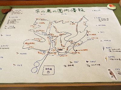 写真:鳥の観察された日付を書き込んだ園内の地図