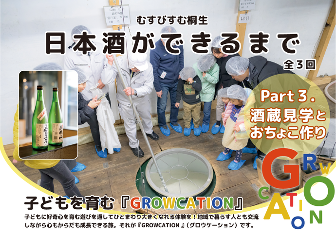 画像：むすびすむ桐生、日本酒ができるまで、全3回、パート3、酒蔵見学とおちょこづくり、子どもを育む「GROWCATION」、子どもに好奇心を育む遊びを通してひとまわり大きくなれる体験を！地域で暮らす人とも交流しながら心もからだも成長できる旅。それが「GROWCATION」（グロウケーション）です。