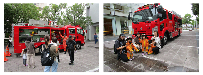 写真:避難訓練後に親子で消防車見学をしている様子