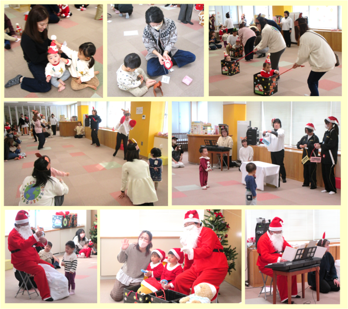 画像：製作をしたりサンタクロースからプレゼントをもらったりしている様子