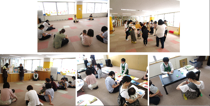 画像:図書館職員がサロン室へ来館し、大型絵本の読み聞かせをしたり、机に並んだたくさんの図書館の絵本を親子で見ている様子