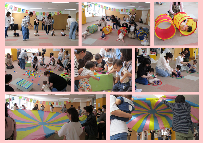 画像:かけっこやハイハイ、トンネルくぐりなどうんどうかいごっこを楽しむ様子