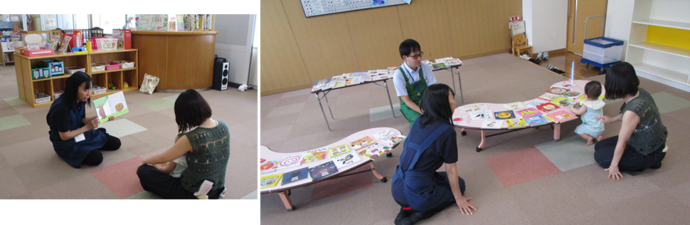 画像:出張図書館で、図書館職員による読み聞かせや、絵本選びをする様子