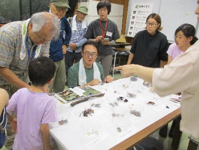 写真：机に並べられたきのこを講師が図鑑で同定