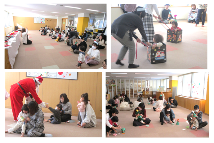 画像：サンタからプレゼントをもらったり制作をしたりする親子