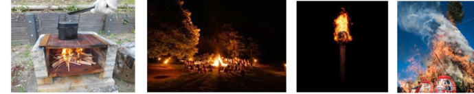 左の写真は、かまどで薪を燃やして飯盒炊飯している様子。左から2番めの写真は、キャンプファイヤーをしている様子。左から3番目の写真は松明です。右の写真は、お焚き上げの様子。