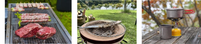 左の写真は、バーベキューコンロで肉などを焼いている様子。真ん中の写真は、七輪でサンマを焼いている様子。右の写真は、キャンプ用の分離型ガスストーブの上にチタンクッカーを乗せて火をつけている様子。