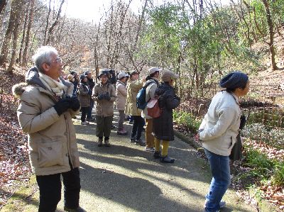 写真:森の園路を双眼鏡を持ち歩く
