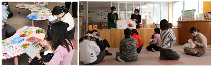 写真：図書館職員が来館し、絵本の貸出等をしている様子