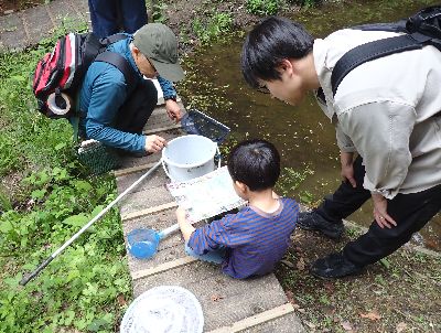 写真：池の周りで、家族とレンジャーで観察