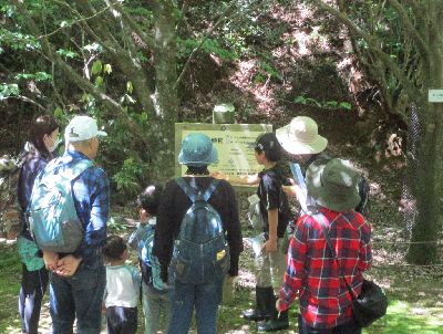 写真：危険な動植物が書いてある看板の前で集まる