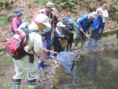 写真:網で池をすくう指導員と、よく見る参加者