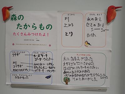 写真:お手紙にしたがって見つけたものを1枚のシートに貼り付けた作品は「森のたからもの」